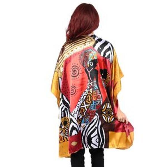 WINLAR Multicolor Aztec Art Print Short Satin Kaftan - One Size Fits up to 3X - Picture 2 of 4